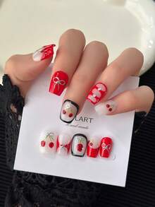 Móng tay giả vuông 17,5mm thủ công, Thiết kế nơ anh đào dễ thương với màu trắng, đỏ và đen, Bao gồm bộ đầy đủ gel và dũa móng, Đồ dùng làm móng tự làm cho bé gái, Thích hợp cho tiệc tùng, Ngoài trời, Bãi biển, Hàng ngày, Ngày lễ, 10 cái/hộp, Bột Acrylic, Móng tay, Đồ dùng, Bùa móng tay, Bộ móng Acrylic, Móng tay giả tự làm, Móng tay dễ thương, Móng tay giả, Nghệ thuật làm móng - Nhiều màu - Xem 2