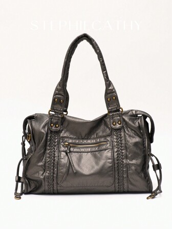 STEPHIECATHY Bolso de mano de estilo casual y retro con cierre de cremallera, bolsillos con cremallera, decoración trenzada, gran capacidad que cabe portátiles de 13", correa larga ajustable para llevar cruzado o al hombro, versátil para uso diario, universidad, viajes, nuevo artículo para mujer