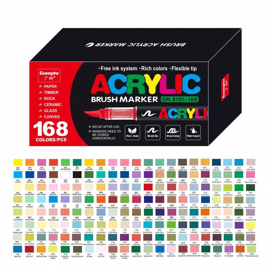 GuangNa 168 Colors Straight Liquid Soft Tip Acrylic Marker Pens, Soft ...