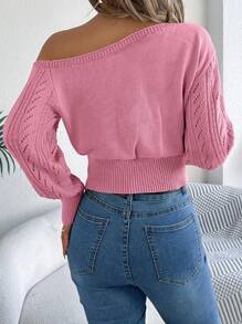 Áo len dệt kim dáng ngắn tay dài hở vai cắt khoét cho nữ, phong cách casual sexy thời trang, màu hồng trơn, thu đông - Hồng - Xem 2