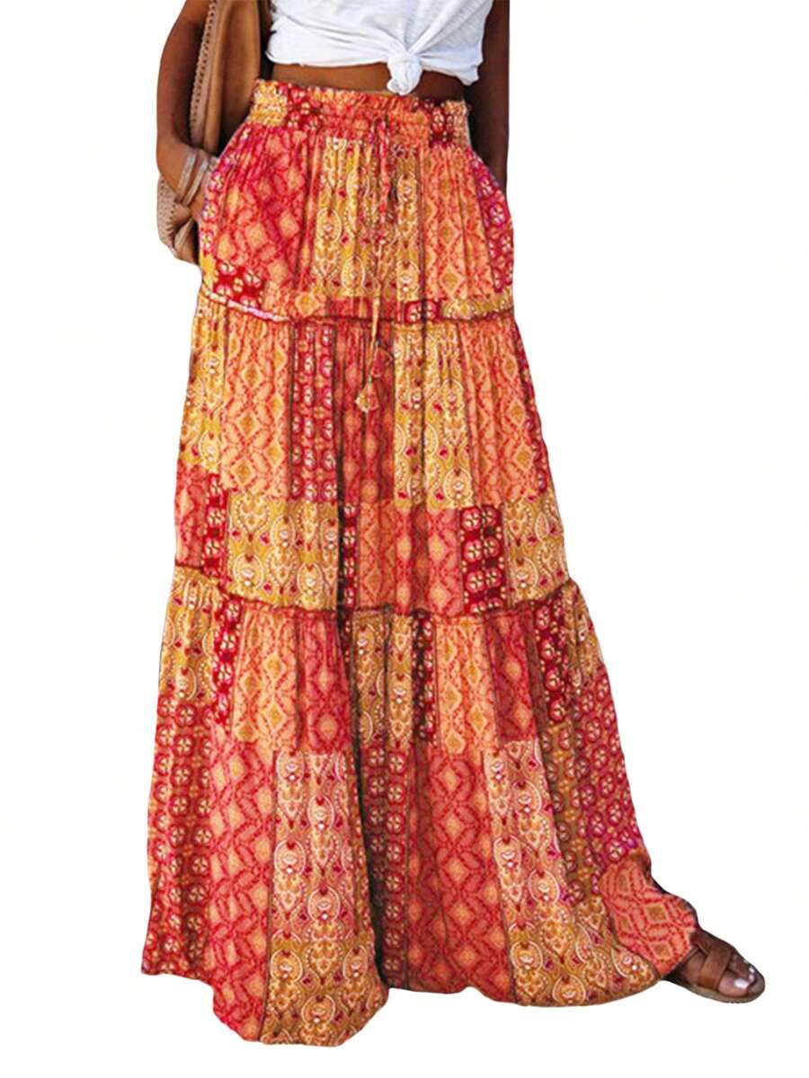 Women's Bohemian Skirts Vintage Elastic High Waist A-Line Skirts Tiered Long Skirts With Pockets - 黃色 - 查看 1
