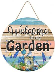 1 件花园装饰标志欢迎来到我的花园标志装饰花圆形木质标志适用于前门农舍家庭厨房俱乐部酒吧节日墙壁艺术装饰 12x12 英寸，CQQ-G229 - 彩色 - 查看 2