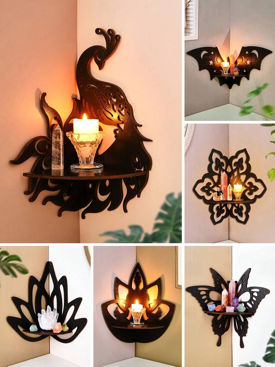 1 件创意黑色剪影蝴蝶、孔雀、蝙蝠形装饰角架，9-11 英寸室内舒适墙角储物架，适用于水晶石、塔罗牌、烛台、万圣节派对装饰 - 黑色 - 查看 1