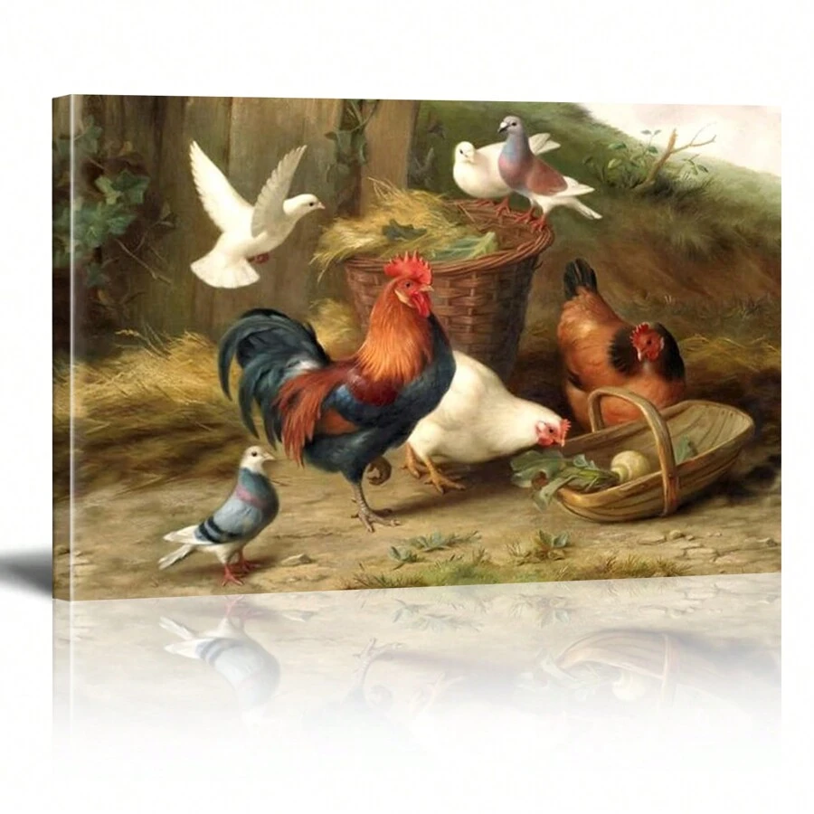 1pc Framed Chicken And Pigeons In The Yard Wall Art Canvas Print Poster, Suitable For Modern Living Room Bedroom Country Farmhouse Hotel B&B Kitchen Dining Room Dormitory Home Office Wall Decoration Ready To Hang
