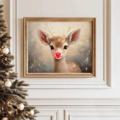 1pc Unframed Cute Red Nose Reindeer Christmas Holiday Art Poster Xmas Festival Aesthetic Canvas Painting Print Fantasy Wall Picture For Dorm,Apartment,Living Room,Bedroom,Home Decoration