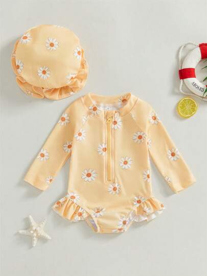 2Pcs Baby Girls Swimsuit Long Sleeve Flower Print Zipped Bikini With Hat Newborn Swimwear For Summer Bathing
