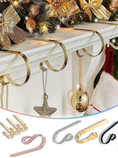 1/2/3pcs Gold & Silver Christmas Stocking Holder Hooks, Fireplace Hanging Hooks, Non-Slip Christmas Tree Decoration Hooks For Birthday Party, Wedding, Suitable For Christmas Decoration, Fireplace Stocking Hanger, Party Background Decor,Christmas