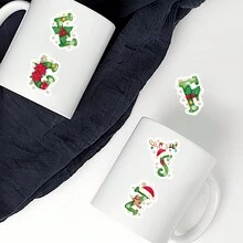 TiTiPaPa 46 件圣诞字母、圣诞树、袜子等经典圣诞主题涂鸦贴纸 DIY 装饰、行李箱、笔记本电脑和游戏机、吉他、水瓶等经典玩具和数码产品剪贴簿防水 PVC 贴花 - 青檸色 - 查看 10