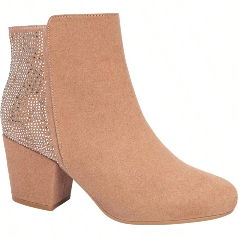 Bota Color Nude Con Pedrería 6 cm Dama - Beis - Ver 1