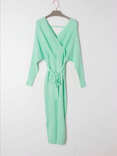 Neues gestricktes figurbetontes Minikleid mit doppeltem V-Ausschnitt für Herbst/Winter, Langarm, Schlitzdesign