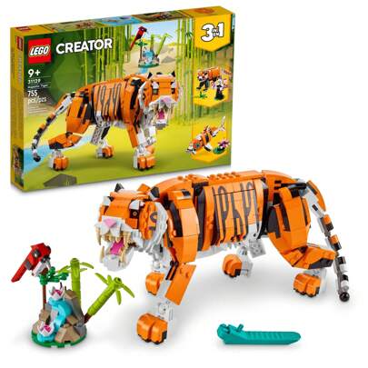 LEGO Set de construcción Creador "3 en 1 Tigre Majestuoso", se transforma de Tigre a Panda o Pez Koi, figuras de animales, juguete de construcción coleccionable, regalo para niños y niñas de 9 años en adelante, 31129