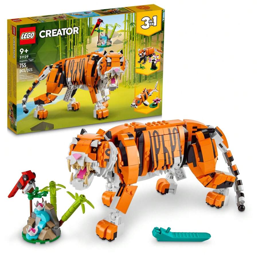 LEGO Bộ lắp ráp 3 trong 1 Majestic Tiger của Creator, Biến hình từ hổ thành gấu trúc hoặc cá Koi, Tượng động vật, Đồ chơi lắp ráp sưu tầm, Quà tặng cho trẻ em, Bé trai và bé gái từ 9 tuổi trở lên, 31129