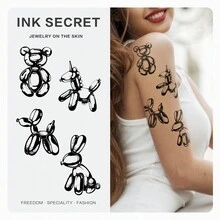 INK SECRET 1PC 金属气球防水耐用草本纹身贴纸，男女皆宜，可爱甜美的动物，手臂、小腿、腰部、锁骨、胸部和背部 - 黑色 - 查看 2