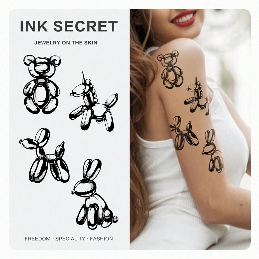 INK SECRET 1PC 金属气球防水耐用草本纹身贴纸，男女皆宜，可爱甜美的动物，手臂、小腿、腰部、锁骨、胸部和背部