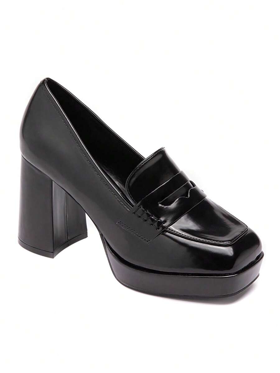 Women's Solid Color Square Toe Fashion Chunky Heel Loafers - Elegant And Comfortable - Black Bright - View 1