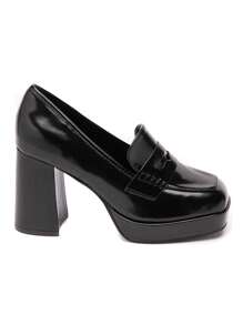 Women's Solid Color Square Toe Fashion Chunky Heel Loafers - Elegant And Comfortable - Black Bright - View 2