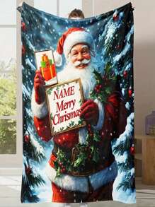 1 szt. Spersonalizowany koc z imieniem i nazwiskiem Mikołaja - koc z polaru poliestrowego, sezonowy nadruk graficzny, nadający się do prania w pralce, dziergane numery, wielofunkcyjny wystrój świąteczny, odpowiedni na kemping, do salonu, na sofę