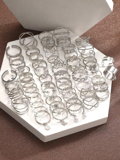 66/22 قطعة من الخواتم المعدنية ذات تصاميم أنيقة عصرية بألهام من الشكل الهندسي والزهور والأوراق والقطرة النفطية واللؤلؤ الصناعي والراين ستون والموجة ورمز اللانهائية، مجموعة متعددة الأجزاء مناسبة للعطلات والحفلات والمناسبات اليومية هدايا عيد الأم وعيد الأم