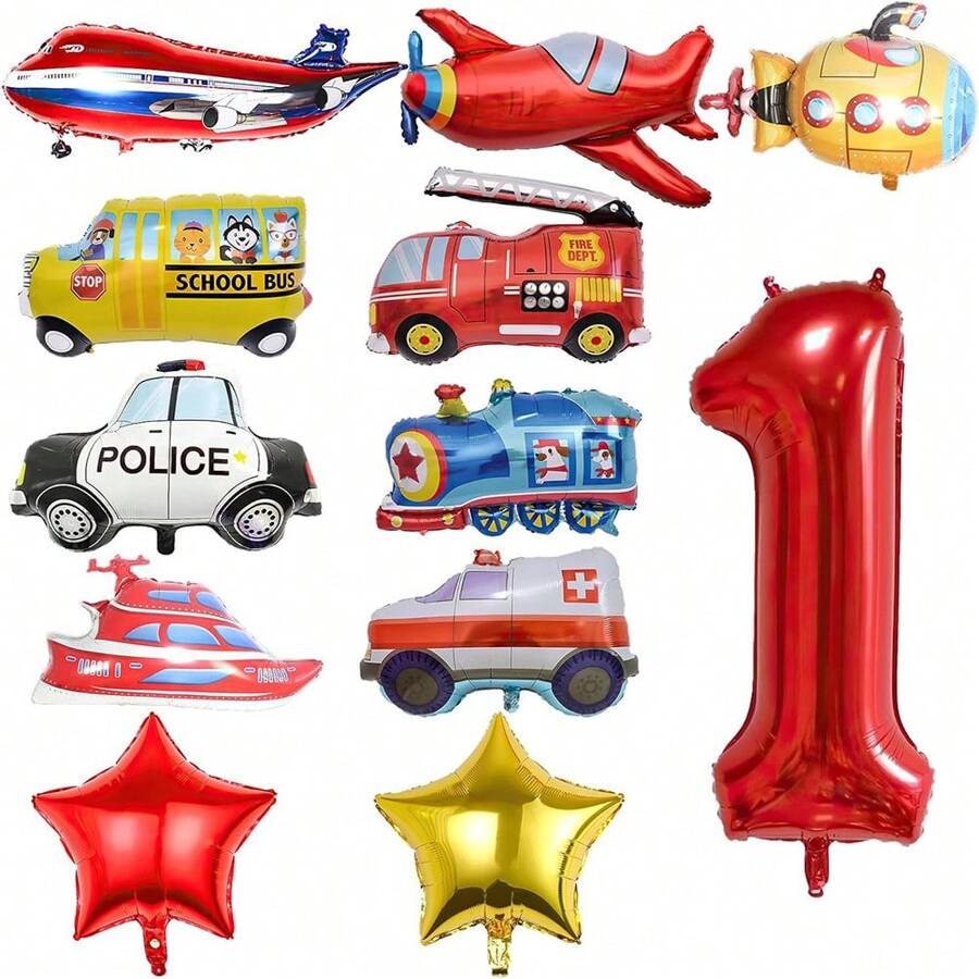 1 set de globos de aluminio con diseños de camión, avión, autobús escolar, camión de bomberos, coche de policía, barco, ambulancia, submarino y números del 1 al 9, para fiesta con tema de vehículos