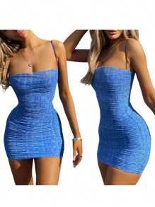 Women Spaghetti Strap Dress With Pleated Decoration, Low-Cut Bag Hip Slim Fit Summer Clothing