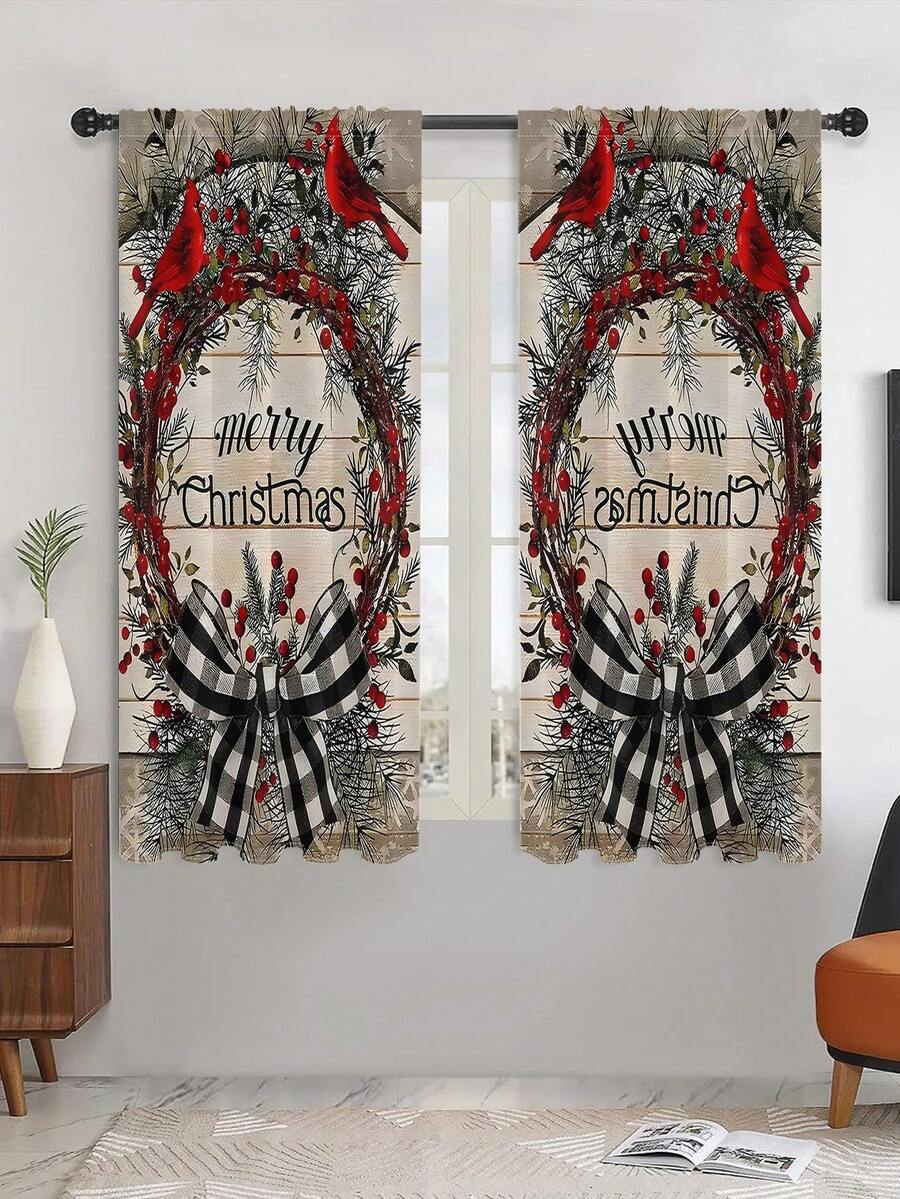 2 件/套圣诞树薄纱窗帘，家庭客厅装饰窗帘，半透明窗帘，保护卧室和客厅的隐私 - 鏽棕色 - 查看 1