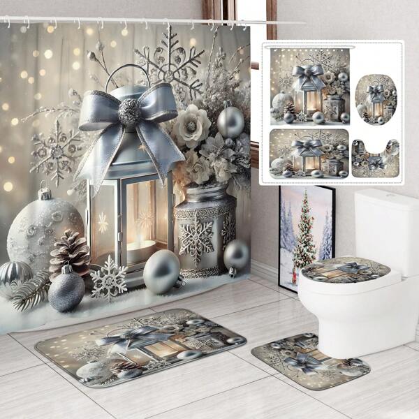 1/4pcs Christmas Winter Shower Curtain Set Ball Floral Bow Snowflake Silver Shower Curtain Waterproof Polyester Washable For Xmas Holiday Bathroom Shower Home Decor Ornaments With 12hooks Non-Slip Bath Mat U-Shape Toilet Lid Cover Mat Home Bathroom Decor Summer Bathroom Accessories Back To School