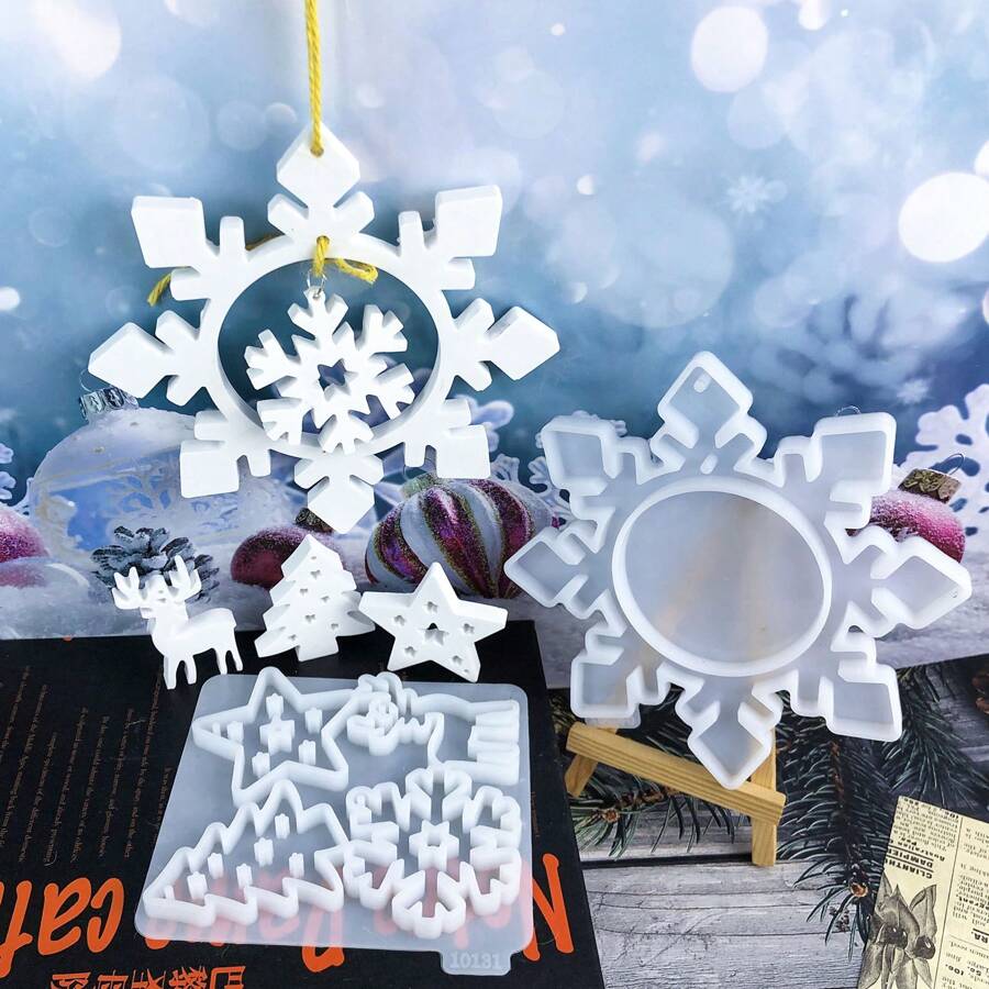 2 Pcs Elk Deer Snowflake Wall Hanging Silicone Resin Mold,Christmas Decorations Gypsum Mold,Snowflake Star Assembling Decorative Molds For Festival Atmosphere Candlestick Decoration Reindeer Epoxy Silicone Casting Molds For Wall Decoration Office Living Room Garden,Impressionist Art Decoration Mold,DIY Making Handmade Home Display Decor Crafts Mold ,Christmas Tree Decorative Pendants,Door Hanging Decoration,Christmas Gifts(Set Of 2) - Snowflake Pendant Two Piece Set - View 1