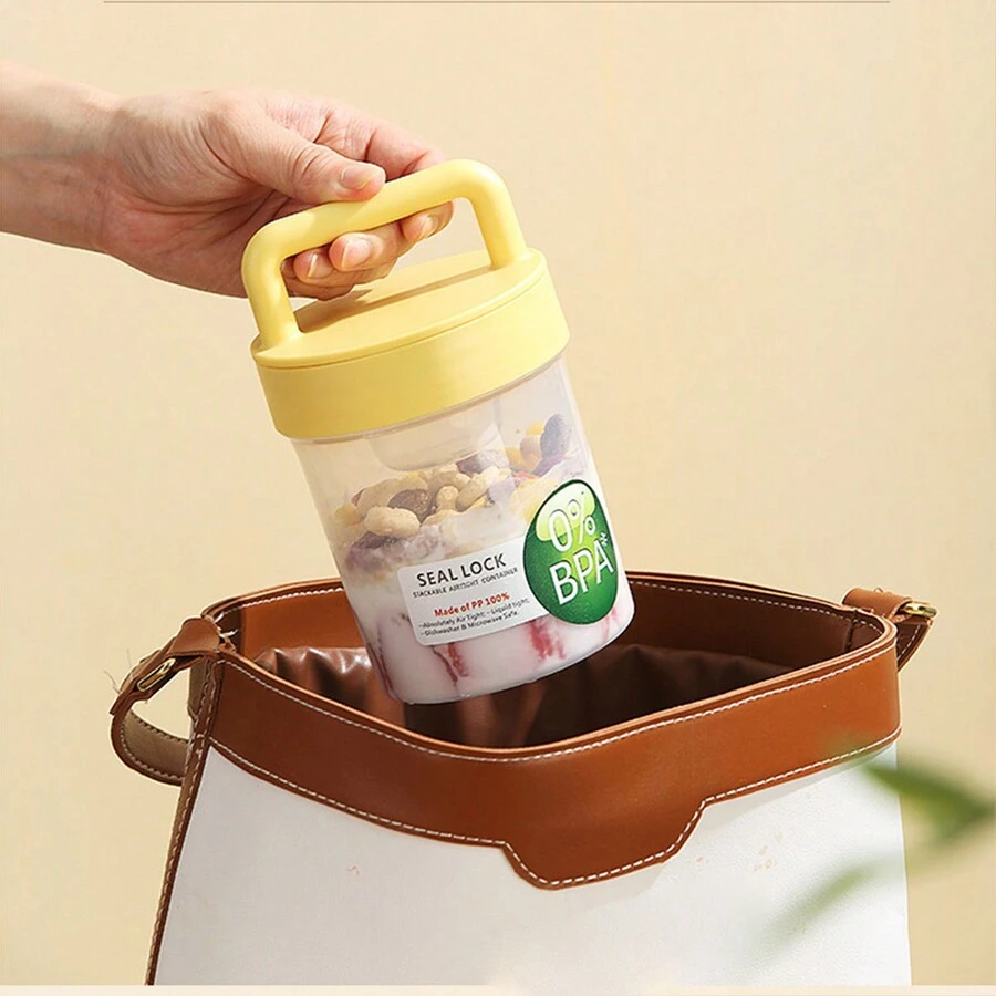 1pc便携式水果燕麦早餐杯学生牛奶杯酸奶杯沙拉杯上班族汤杯带勺 - 彩色 - 查看 1