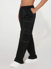 1 条女童/青少年复古休闲时尚宽松口袋工装裤，百搭秋冬季