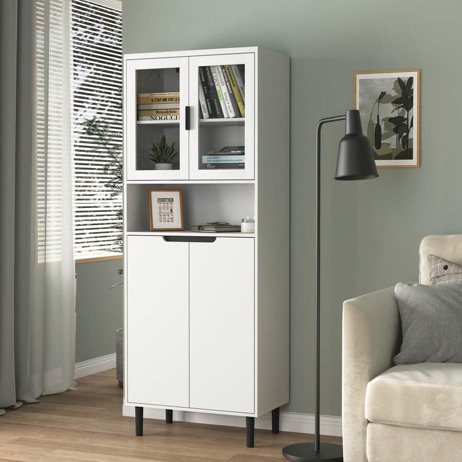 Stylish Tall Storage Bookcase With Glass Doors And Gold Handles