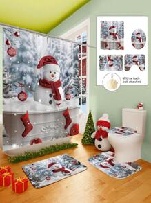 Conjunto de cortina de chuveiro com boneco de neve vermelho de Natal, 1/2/3/4 peças, com 12 ganchos e uma bola de chuveiro, cortina de chuveiro de poliéster impermeável e resistente a mofo, tapete antiderrapante para banheiro, tapete em U para vaso sanitário, capa protetora para vaso sanitário, conjunto decorativo para banheiro, sem necessidade de furadeira, vários tamanhos disponíveis, acessórios de decoração de outono para banheiro, volta às aulas
