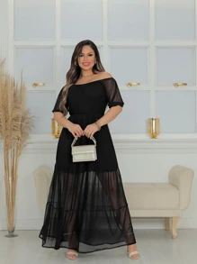 Women's Long Off-The-Shoulder Dress In Black Tulle Três Marias Evangelical Fashion Premium Luxury Cheap - 黑色 - 查看 2