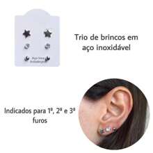 Cartela com 3 Pares Brincos Pequenos Em Aço Inox Trio Primeiro Segundo e Terceiro Furo