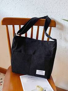 1 件女士纯色灯芯绒手提包，大容量可折叠拉链封口单肩包，带拉链口袋，休闲街头风格度假购物摄影 - 黑色 - 查看 7