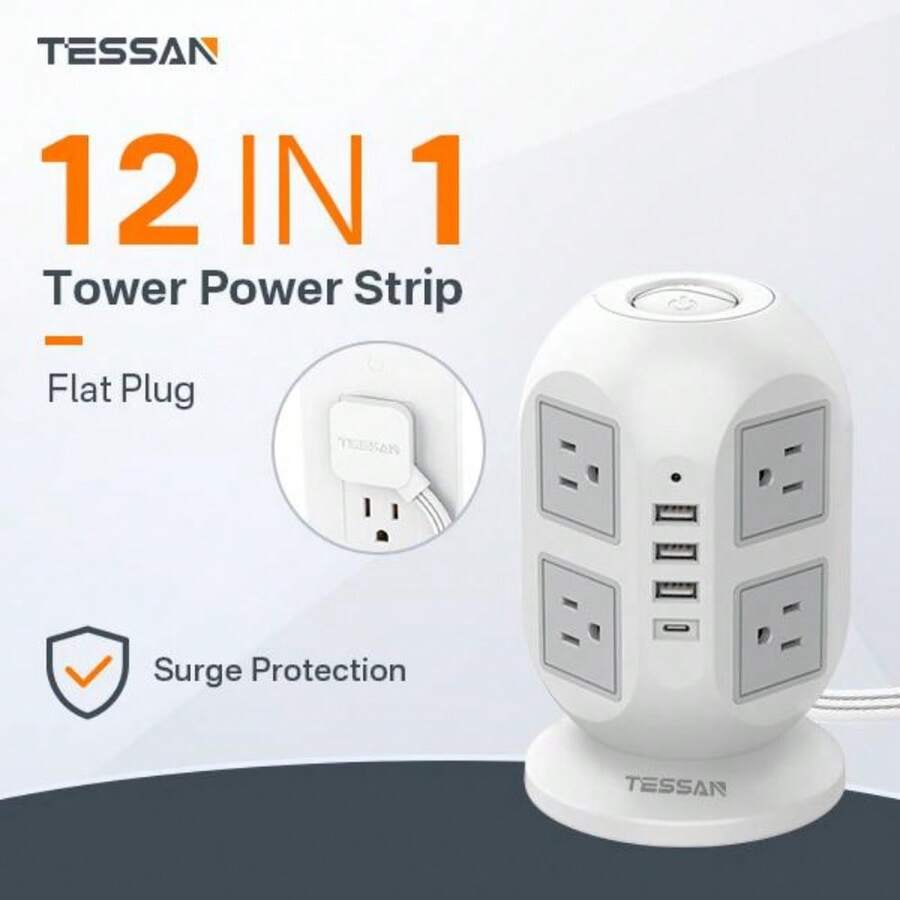 TESSAN Tower Surge Protector Power Strip 10 Ft, Long Flat Extension