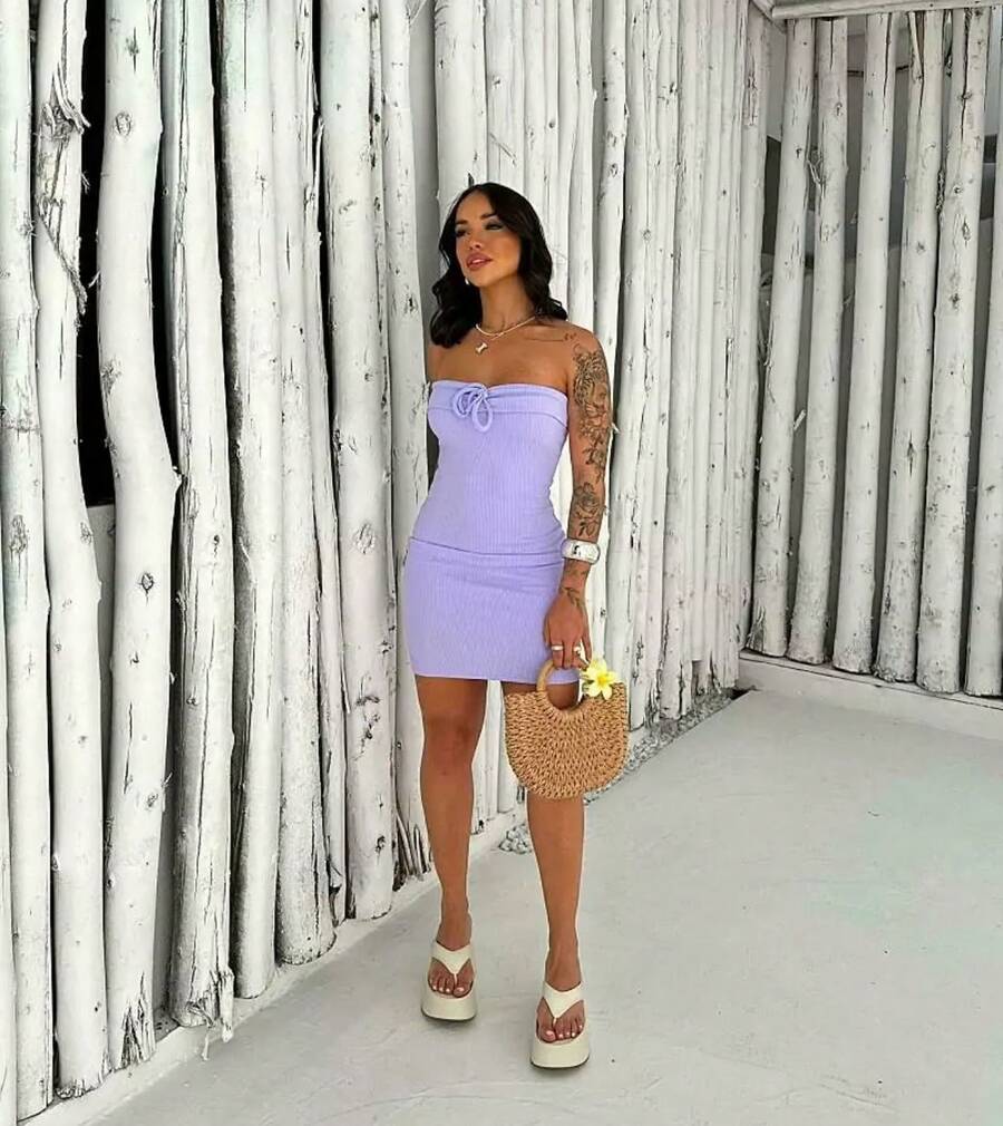 PREMIUM RIBBED, STRAP-FALL FEMININE DRESS! - 紫色 - 查看 1
