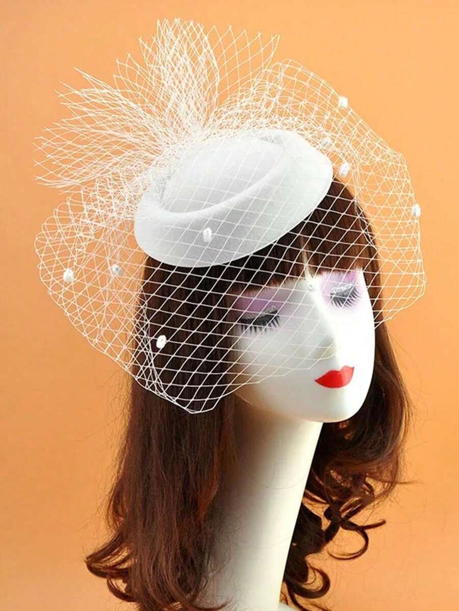 1 pieza Velo negro/Sombrero mini con flor de plumas de lunares, Fascinador retro para fiestas formales, cócteles, escenario, fotografía, versátil - Blanco - Ver 1