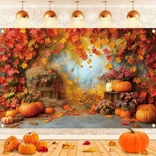 1 件秋季枫叶花卉南瓜背景面料 - 鲜艳的涤纶摄影道具，适用于家庭聚会、感恩节、丰收肖像和农场主题照相亭 - 易于设置、可重复使用，非常适合捕捉难忘的回忆 - 彩色 - 查看 2