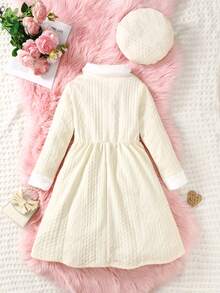 Bộ 2 váy len họa tiết lúa mì ấm áp mùa xuân và mùa thu cho bé gái kèm nút nhung và mũ phù hợp, có thể giặt bằng máy, kiểu dáng vừa vặn, dài đến đầu gối, thích hợp cho tiệc tùng và làm quà tặng - Màu be - Xem 2