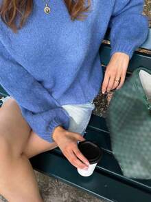 Áo len dệt kim dài tay cổ tròn màu trơn đơn giản mới cho nữ mùa thu đông - Màu xanh lam - Xem 5