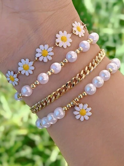 Set de 4 pulseras con cuentas y perlas de estilo bohemio lindo para niñas, con decoración de flores margaritas