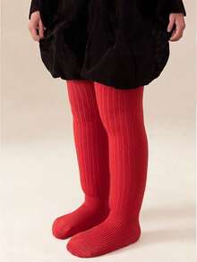 1 quần tất giữ ấm họa tiết sọc dọc màu trơn cho trẻ em, viền có thể điều chỉnh, thích hợp cho mùa thu/đông - Đỏ - Xem 7