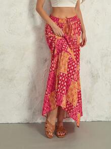 Women's Boho Maxi Skirts Vintage Floral Elastic High Waist A-Line Flowy Skirts Tiered Long Swing Skirts With Pockets Casual Bohemian Clothes For Summer Holiday Beach Vacation Outfit - 黃色 - 查看 6