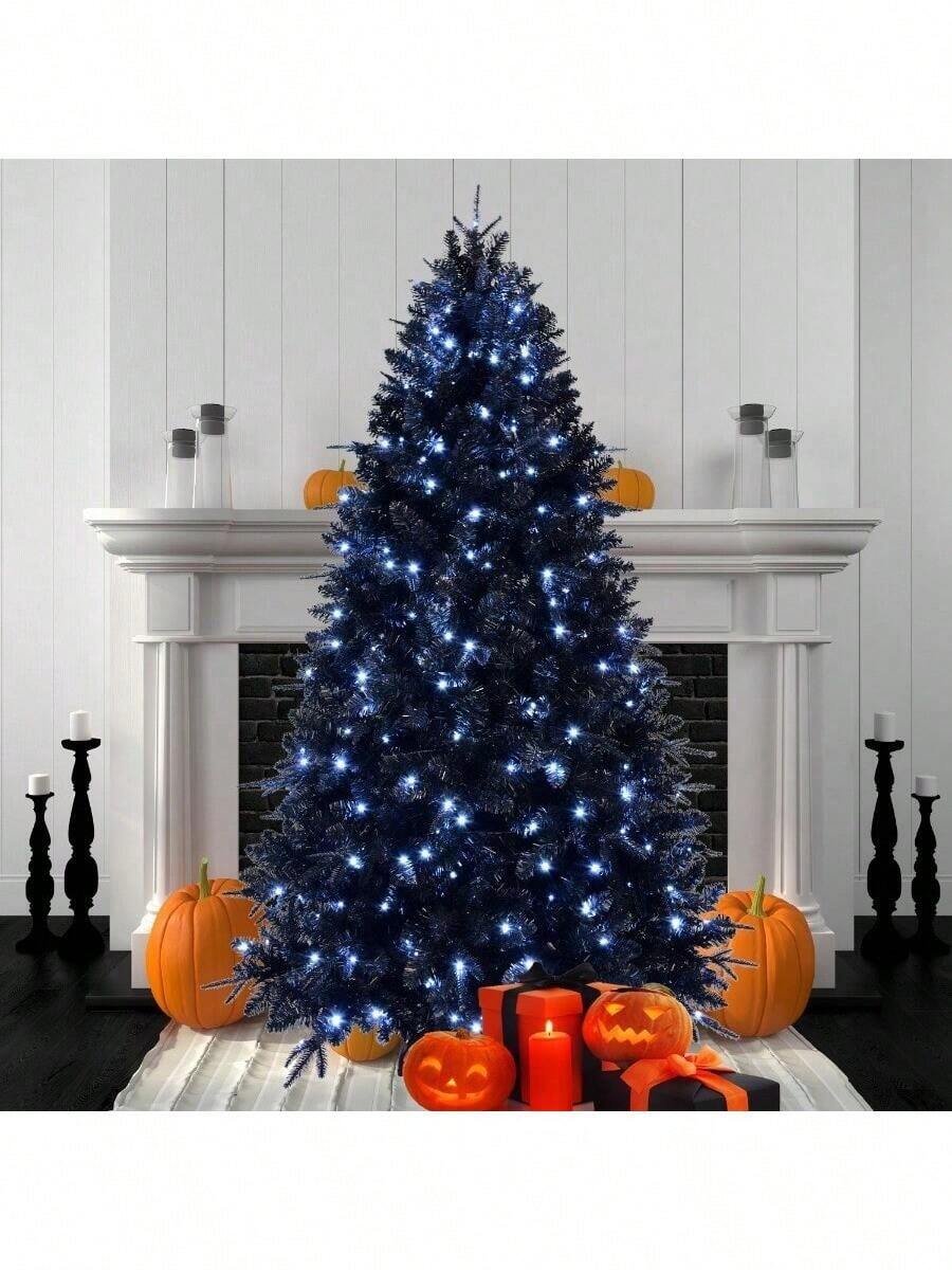 7.5ft Pre-Lit Black Christmas Tree, Full Halloween Xmas Artificial Tree 2156 Branch Tips, 500 Lights, Metal Hinges, Foldable Base, Holiday Decoration - Black - US A Type Plug(110-127V) - View 1