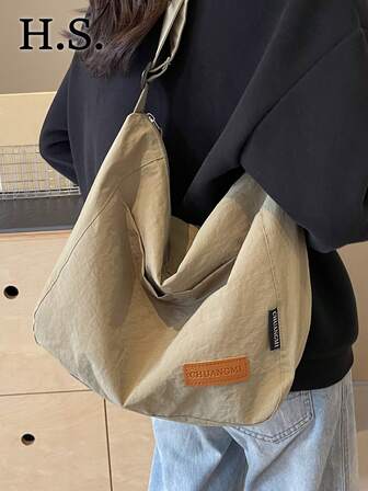 1 件女士浅橄榄绿色面料休闲斜挎包，可折叠拉链开合，多口袋，学院风手提包非常适合通勤，容量大