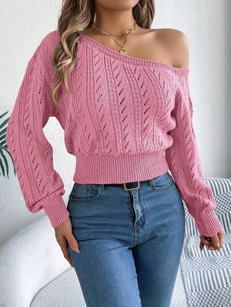 Áo len dệt kim dáng ngắn tay dài hở vai cắt khoét cho nữ, phong cách casual sexy thời trang, màu hồng trơn, thu đông - Hồng - Xem 1
