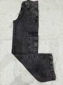 Women's Wide Leg High Waisted Cargo Jeans With Graphite Embroidered Detail - 黑色 - 查看 4