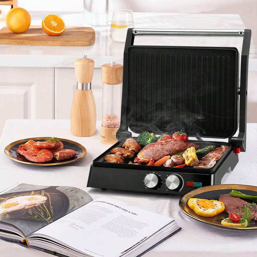 SUSTEAS 3-In-1 Nonstick Panini Press & Indoor Grill, Opens 180-Degree Gourmet Sandwich Maker, Floating Hinge Fits All Foods, Contact Grill With Removable Grease Tray, Stainless Steel - US B Type Plug(110-127V) - View 1