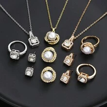 Bộ trang sức 4 món thanh lịch phong cách Hàn Quốc dành cho nữ, đá Zirconia nhân tạo & ngọc trai giả, hoa tai thời trang, vòng cổ, nhẫn cho hẹn hò, tiệc tùng, dạ hội, lễ cưới - Bạc - Xem 1