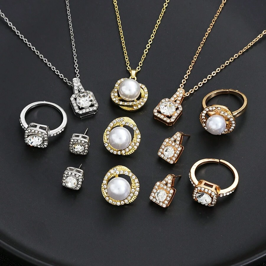 Bộ trang sức 4 món thanh lịch phong cách Hàn Quốc dành cho nữ, đá Zirconia nhân tạo & ngọc trai giả, hoa tai thời trang, vòng cổ, nhẫn cho hẹn hò, tiệc tùng, dạ hội, lễ cưới - Bạc - Xem 1